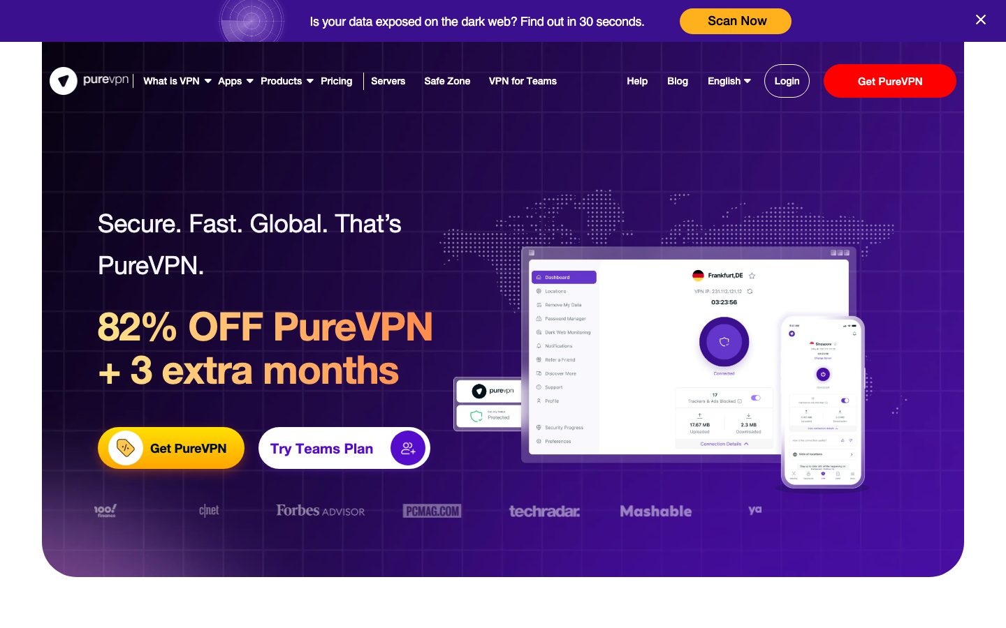 PureVPN homepage hero advertising a VPN, password manager, dark web monitoring, tracker blocking and data removal as one suite