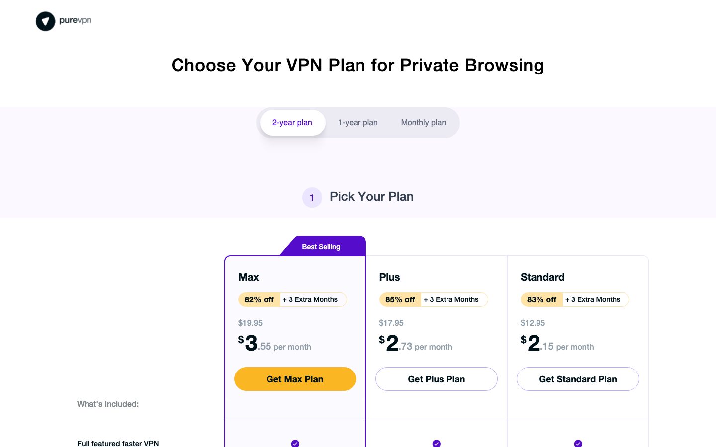 Страница заказа PureVPN, вкладка на 2 года: Max — $3.55 в месяц, Plus — $2.73 в месяц, Standard — $2.15 в месяц